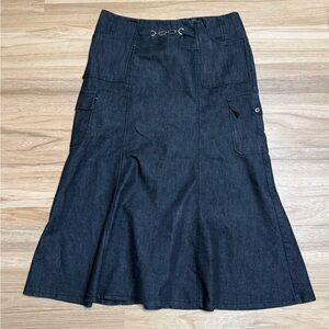 NYCC Long Black Denim Skirt Size 12 Decorative Chain Waste Cargo Pockets Flair